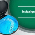 An open Invisalign case with clear aligners inside, positioned next to a dark green circular design featuring white text that reads Invisalign Review.
